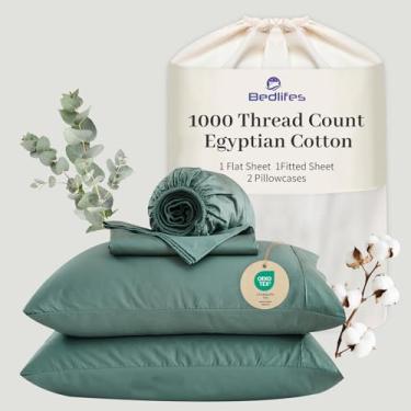 Imagem de Bedlifes Lençóis de algodão egípcio 1000 fios tamanho king, 4 peças de 40,6 cm com bolso profundo - roupa de cama ultramacia refrescante e respirável para conforto em hotel (verde sálvia)