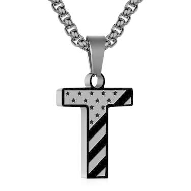 Imagem de Zocomi Colar com pingente de inicial da bandeira americana para homens e meninos, corrente de aço inoxidável 316L A-Z caixa de letras 50 + 5 cm joias presentes, Aço inoxidável, Sem Pedra Preciosa