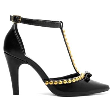 Imagem de Sapato Scarpin Feminino Luxo Salto Alto Fino Pérolas Douradas Presente Elegante. (Preto, BR, Adulto, Numérico, G, 38)