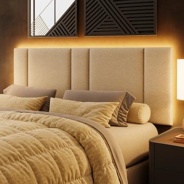 Imagem de Cabeceira Painel Cama Box Queen Size Siri 160cm com LED Linho Bege - Abmaza