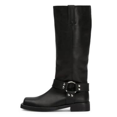 Imagem de ZJGZF Botas femininas de cano alto de couro com tachas de motociclista, bico quadrado, salto grosso, sem cadarço, botas largas de cano médio, sapatos de inverno bonitos e confortáveis, Preto, 39