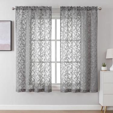 Imagem de Lecloud Leia Cortinas transparentes cinza carvão 153 cm de comprimento, 2 painéis, cortina estética de folha de voile de privacidade com filtro de luz rústica, dois bolsos para varão, cortinas para