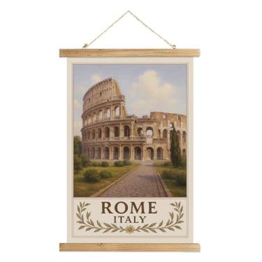 Imagem de Pôster de arte de parede de Roma Itália, impressão vintage de viagem com o marco do Coliseu, pergaminho de pendurar em tela de linho com moldura de madeira, decoração de cidade europeia rústica para