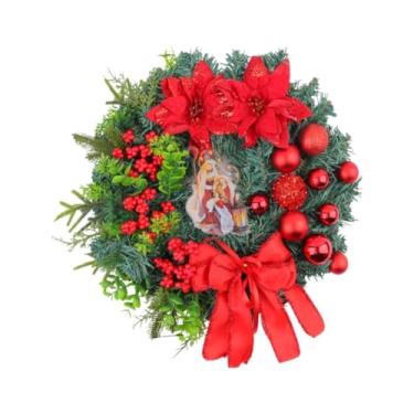Imagem de Nishiyuenyi Guirlanda de Natal, Bola de Natal com Laço de Frutas Vermelhas, Decoração de Natal Artificial para Porta Da Frente, Adereço de Janela de Café de Fazen, Vermelho 30cmx30cmx8cm