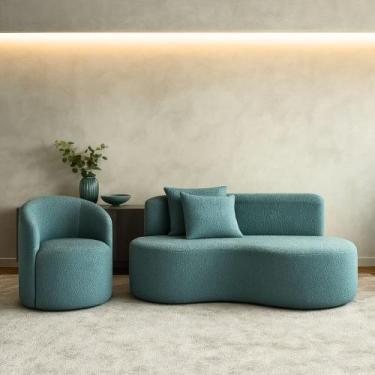 Imagem de Conjunto 01 Poltrona + Sofá Curvo Orgânico Nature Gaia Boucle Azul Tur