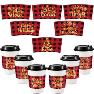 Imagem de Mangas para copo de Natal, mangas xadrez de búfalo vermelho, mangas para xícara de chá, serve para 355 g 473 ml para copos de papel descartáveis de bronzeamento para bebidas quentes de chocolate cacau, suprimentos de decoração de festas de fim de ano (60 peças)