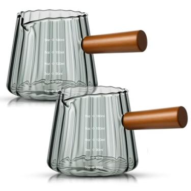 Imagem de Jingmore Copo de dose expresso de 170 g/180 ml com cabo de madeira, acessórios de café expresso, copo medidor de espumador de leite de bico único com escala transparente resistente ao calor para café