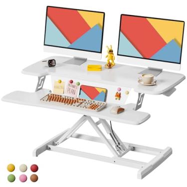 Imagem de JOY worker Conversor de mesa em pé, suporte de mesa ajustável de 89 cm de altura com bandeja de teclado e 6 ímãs de geladeira, elevador de estação de trabalho de mesa para computador e laptop, branco