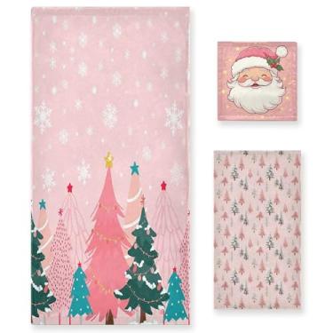 Imagem de Toalhas de mão rosa para árvore de Natal, pacote com 3 para banheiro, branco, floco de neve, boneco de neve, Natal, Papai Noel, sinos de algodão, conjunto de toalhas macias para rosto, spa, banho