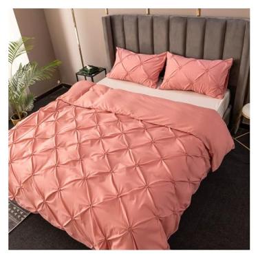 Imagem de Conjunto de edredom confortável de solteiro e duplo plissado de cor sólida (laranja-rosa, casal, 3 peças)