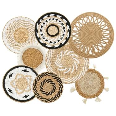 Imagem de HJJWNDDNG Pacote com 8 cestas de parede Boho conjunto de decoração de parede de alga marinha tecido para pendurar em vime boho, cestos redondos para pendurar na parede de casa de fazenda, arte de