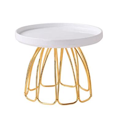 Imagem de Suporte de bolo moderno de sobremesa com base de pedestal de metal dourado redondo para exibição de sobremesa, bandeja nórdica de servir para festa de aniversário, celebração, frutas (branco P)