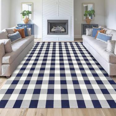 Imagem de Fixseed Tapetes xadrez, 1,8 x 2,5 m, azul-marinho e branco, tapete trançado de algodão, lavável, ao ar livre, interior, tapete com almofada antiderrapante