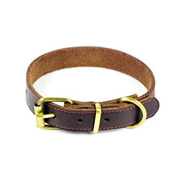 Imagem de Coleira de couro para cachorro PESHOUCO de liga de couro legítimo com argola em D para animais de estimação para cães de porte médio grande e pequeno Gatos MarromPESHOUCO S:8-13 inch Neck