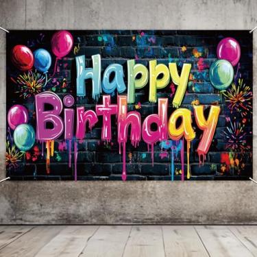 Imagem de Cenário de Feliz Aniversário Neon, Design de Parede Tijolos Grafite Colorido 180x110cm Banner para Crianças Adultos e Festas Suprimentos Aniversário