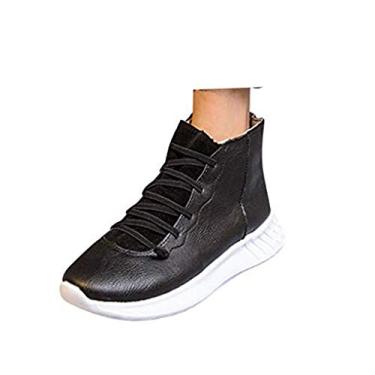 Imagem de Bigfanshu Sapatos femininos de cano curto botas de neve com cadarço botas de couro verde preto marrom neve feminino tênis de corrida macio, Preto, 34 BR