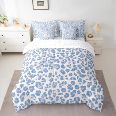 Imagem de Feelyou Conjunto de edredom de leopardo azul claro com 7 peças, tamanho casal, para crianças, meninos, meninas, estampa de animais em uma bolsa, decoração de quarto safári, microfibra leve e macia
