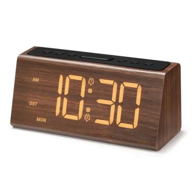 Imagem de Despertador digital de madeira para quarto, relógio de mesa elétrico com porta USB, alarme alto para pessoas com sono pesado, volume ajustável e regulador, soneca, DST, recurso RGB, decoração de