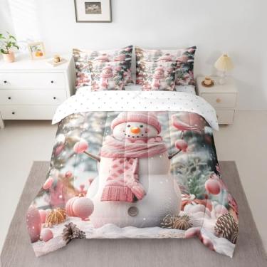 Imagem de Homewish Jogo de cama solteiro, 7 peças, boneco de neve, estampa reversível, de Natal + lençol de cima + lençol com elástico + 2 fronhas + 2 fronhas