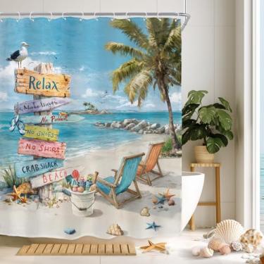 Imagem de Riyidecor Cortina de chuveiro náutica costeira para decoração de banheiro 152 cm L x 72 A praia, oceano, palmeira tropical, litoral, estrela-do-mar, concha, tecido impresso, poliéster, impermeável