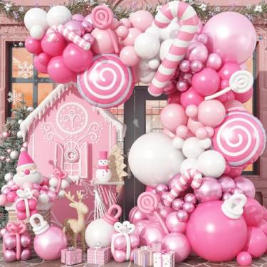 Imagem de Pink Christmas Balloon Garland Arch Kit, Pastel Pink White Balloons Candy Cane Peppermint Foil Balloons for Candyland Christmas Party Decorations Xmas Birthday Baby Shower Holiday Party Supplies