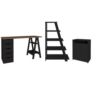 Imagem de Conjunto Escritório Home Office 3 Peças Stela A06 Nogal-preto - Mpozenato