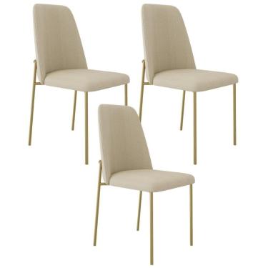 Imagem de Kit 03 Cadeiras Decorativa Estofada Para Sala De Jantar Dourada Bella L02 Linho Bege Escuro - Lyam Decor