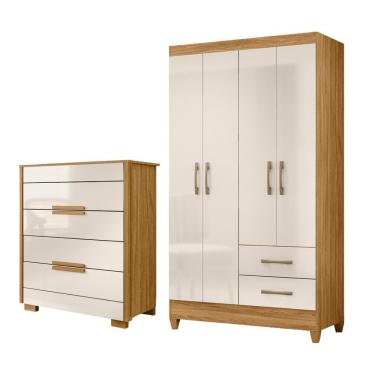Imagem de Kit Guarda Roupa Solteiro Chile e Cômoda Dhara Freijó off White