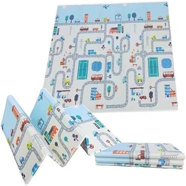 Imagem de Tapete Infantil Emborrachado Dobrável, Tatame Dupla Face com Pista e Cidade, 1,80m x 1,50m, Antiderrapante, para Bebês e Crianças