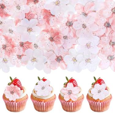 Imagem de DOPENSPI 75 peças de topos de cupcake comestíveis de flores de cerejeira, flores de cerejeira comestíveis, decorações de bolo, papel wafer, flores, cupcake para casamento, chá de bebê, festa de