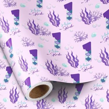 Imagem de RUSPEPA Rolo de papel de embrulho de 1º aniversário, mini rolo, cauda de sereia roxa número 1 e embrulho de presente com texto "Make a Splash" para meninas, festa de aniversário infantil, chá de bebê