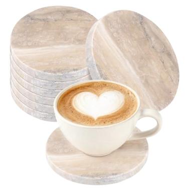 Imagem de JAPCHET Porta-copos de travertino branco, porta-copos de mármore natural, redondo de 10 cm, conjunto de 8, branco acinzentado, presente de inauguração de casa, casamento, evite manchas e arranhões nas