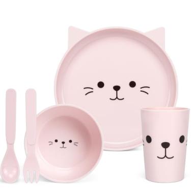Imagem de Conjunto de louça para crianças – 5 peças com tema de gatinho inclui prato, tigela, copo e utensílios | Livre de BPA, micro-ondas e lava-louças | Presente ideal para meninas (rosa - gatinho)