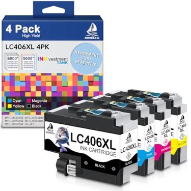 Imagem de DOUBLE D Cartuchos de tinta LC406XL de alto rendimento, pacote com 4, compatíveis com impressoras Brother MFC-J4335DW, MFC-J4535DW, MFC-J5855DW, MFC-J6555DW, MFC-J6955DW, cartuchos de jato de tinta de
