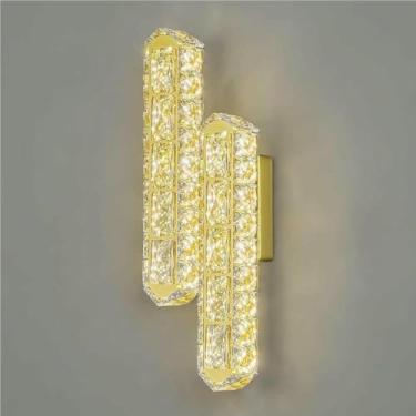 Imagem de WLHAZMWY Candeeiro de parede moderno tubo duplo cristal montado na parede moldura de aço inoxidável acabamento dourado arandela de banheiro europeu