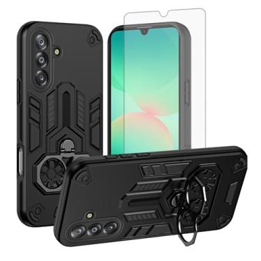 Imagem de Asuwish Capa de celular para Samsung Galaxy A26 5G com protetor de tela de vidro temperado e suporte de anel rígido fino de couro PU híbrido acessórios para celular A 26 26A LTE mulheres homens preto