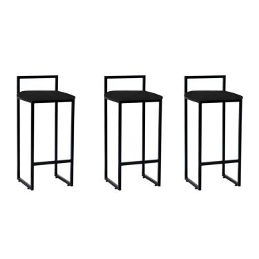 Imagem de Kit 3 Banquetas Altas Industriais Em Aço Dori Preto Assento Suede Preto - Preto