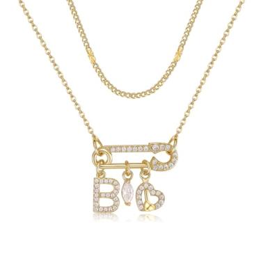 Imagem de MEIITRUE Colar feminino com inicial de alfinete de segurança, banhado a ouro 14 quilates, corrente em camadas, pingente de zircônia cúbica, gota e pingentes de coração, pingente de nome personalizado
