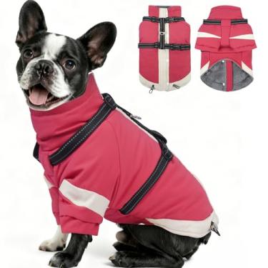 Imagem de MIGOHI Casaco para cães com arnês embutido, jaqueta de inverno 2 em 1 à prova de vento, roupa de neve refletiva térmica com gola rolê, casaco de lã com zíper nas costas para cães pequenos, Yorkshire