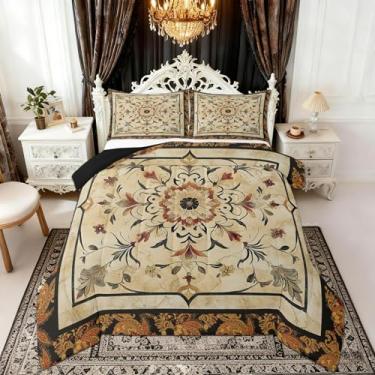 Imagem de Conjunto de edredom retrô de tamanho casal, estampa floral rústica, estampa paisley, reversível, para quarto, bege, vermelho, amarelo, preto, xadrez, macio, para meninas e adolescentes