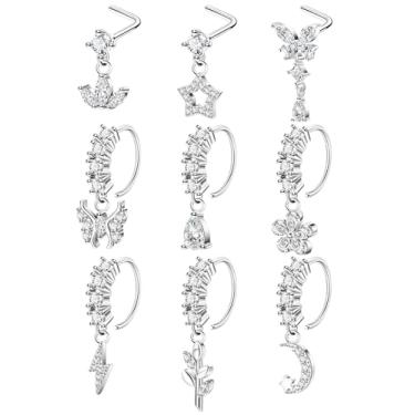 Imagem de NICEIGHT 9 peças 20G Anel de nariz com pingente de ouro de aço cirúrgico para mulheres e homens em forma de L pingente de nariz lua estrela indiano conjunto de argola de nariz CZ flor coração