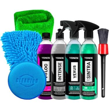 Imagem de Kit Limpeza Automotiva V-Floc Intense Sintra Vexus Pneu Plástico Toalha Aplicador Pincel Luva Karbox