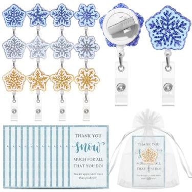 Imagem de Jetec 24 conjuntos de presentes de agradecimento de Natal a granel de flocos de neve de flocos de neve porta-crachás retráteis com clipe jacaré, cartão de agradecimento com bolsa, lembrancinhas de