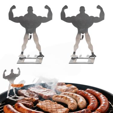 Imagem de Zorythm 2 peças de suporte engraçado para churrasco Muscle Man Hot Dog | Suporte reutilizável de aço inoxidável para cachorro-quente e salsicha | Torrador portátil de cachorro-quente | Acessórios para