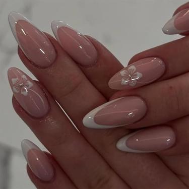 Imagem de Kit Press on Nails Conjunto de unhas falsas brancas francesas de amêndoa média com design simples de flor cobertura completa cola em bastão falso artificial em unhas de acrílico para mulheres, 24