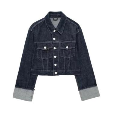 Imagem de Jaqueta Jeans Azul Feminina Com Bolsos, Botões Frontais, Gola Vintage,