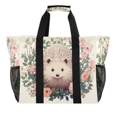 Imagem de Wassud Ouriço em flores sacolas de mercearia reutilizáveis grande bolsa organizadora de lona impermeável para praia, piquenique, lavanderia, viagem