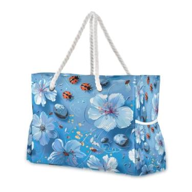 Imagem de Wassud Bolsa de praia grande com flores azul-celeste para mulheres, impermeável, à prova de areia, bolsa de viagem com zíper e bolso para piscina, academia, acampamento