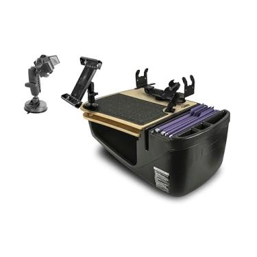 Imagem de AutoExec Mesa de carro GripMaster para sua estação de trabalho de veículo e escritório móvel, bétula, com suporte para telefone, suporte de impressora, suporte para tablet e suporte de sucção para