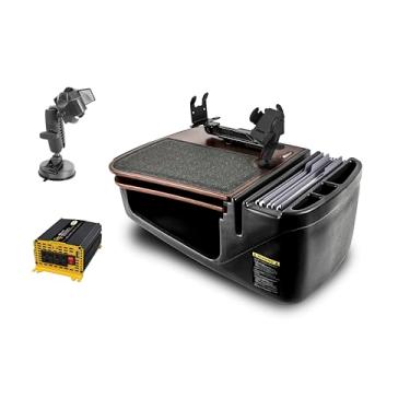 Imagem de AutoExec Mesa de carro GripMaster para sua estação de trabalho de veículos e escritório móvel, mogno, com suporte de impressora, inversor de potência de 400 watts e suporte de telefone com sucção